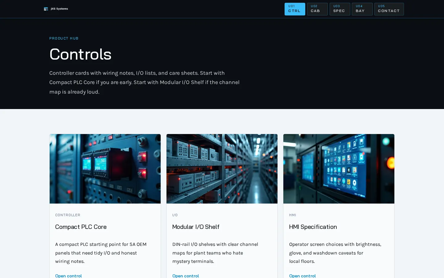 JXS Systems website: Controls page, desktop