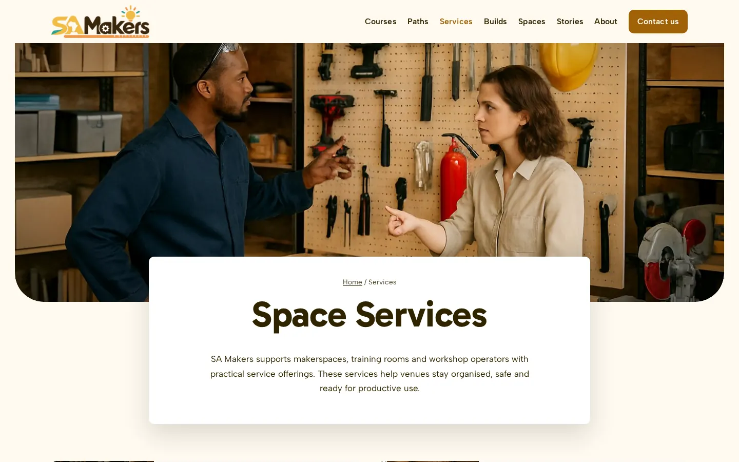 SA Makers website: Services page, desktop